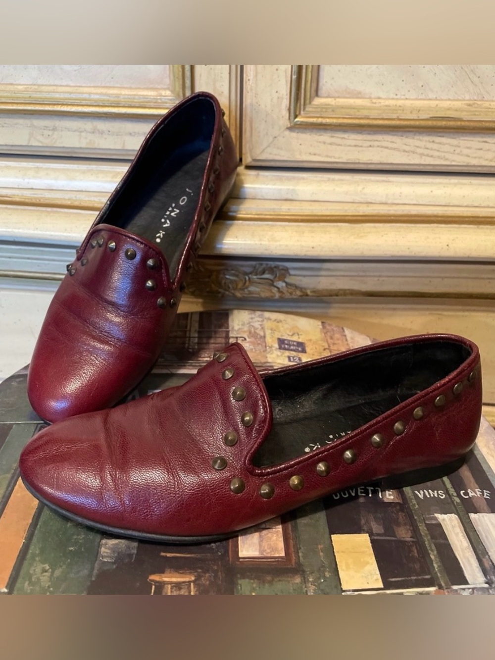 Jonak Paris Maroon Burgundy Leather Studded Stud Slip on Loafer Shoes